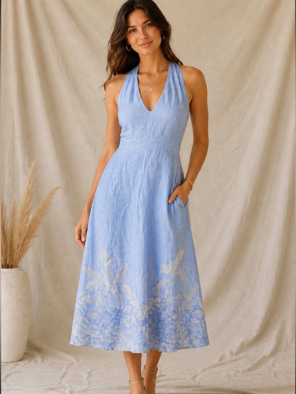 Tommy Bahama Light Blue Floral Halter Linen Midi Dress Size 4